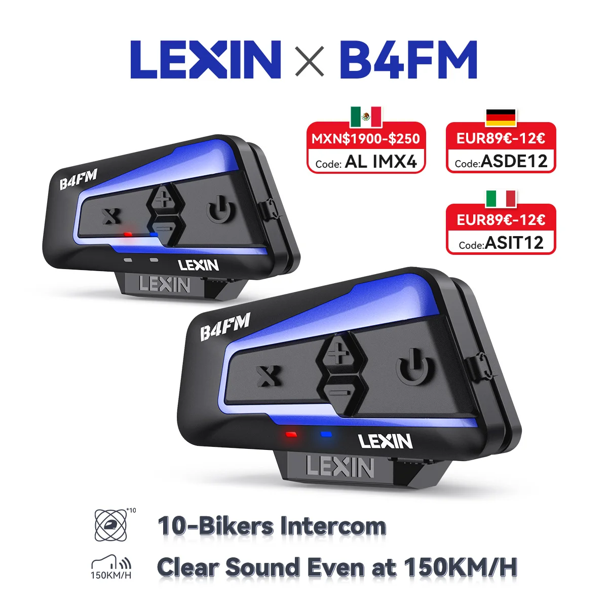 Lexin B4FM-X Bluetooth Motorcycle Intercom Helmet Headsets,BT 5.0 Wireless Communication Interphone Music Sharing 10 Riders