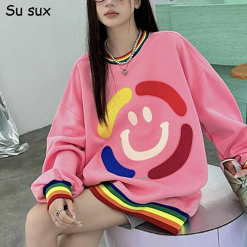 

Rainbow Smiling Face Oversize Sweatshirts T-shirt Women Y2k Clothes Casual Loose Pullover Long Sleeve Tops Vestidos Bust 130cm