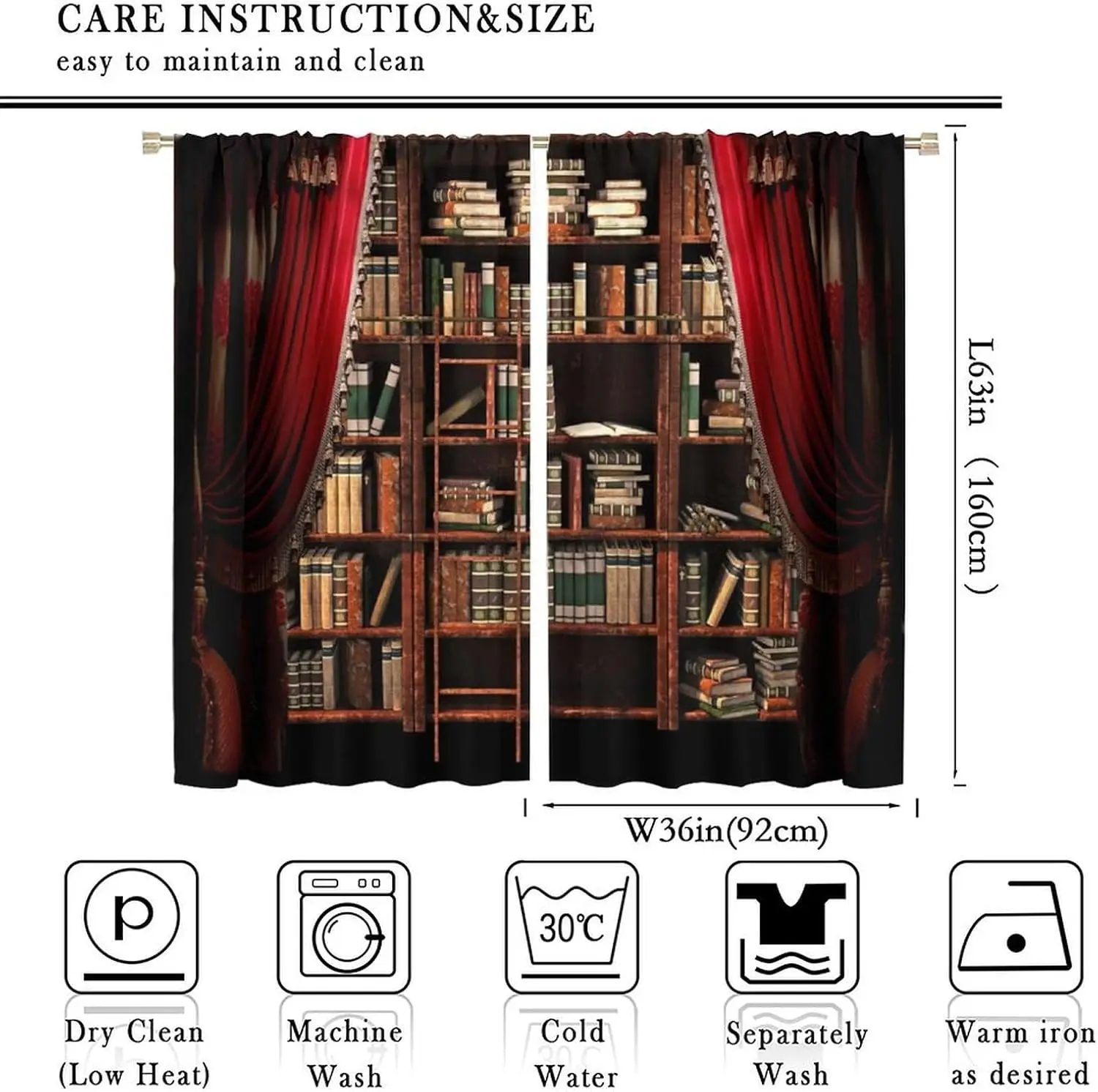 2 Panels Vintage Library Bookshelf Red Velvet Curtain Print Blackout Drapes Classic Study Book Decor Window Curtains For Study