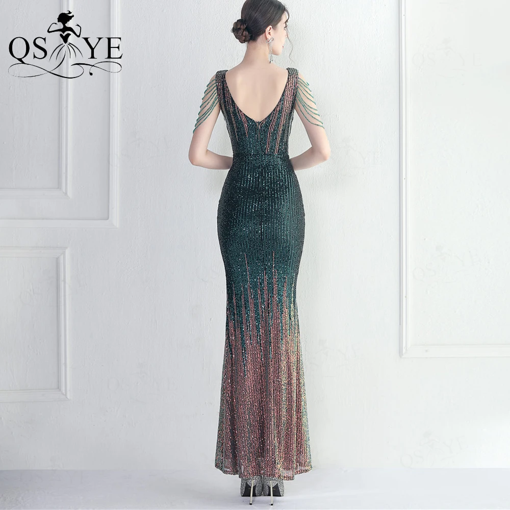 Cordas frisadas desbotam verde vestidos de noite sereia crisscross plissado vestido de baile glitter ruched decote em v esmeralda lantejoulas vestido formal