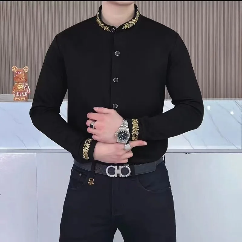 

Brand Luxury Long Sleeved Shirt for Men High Quality Slim Casual Stand Collar Shirts Social Party Banquet Blouse Men Clothing