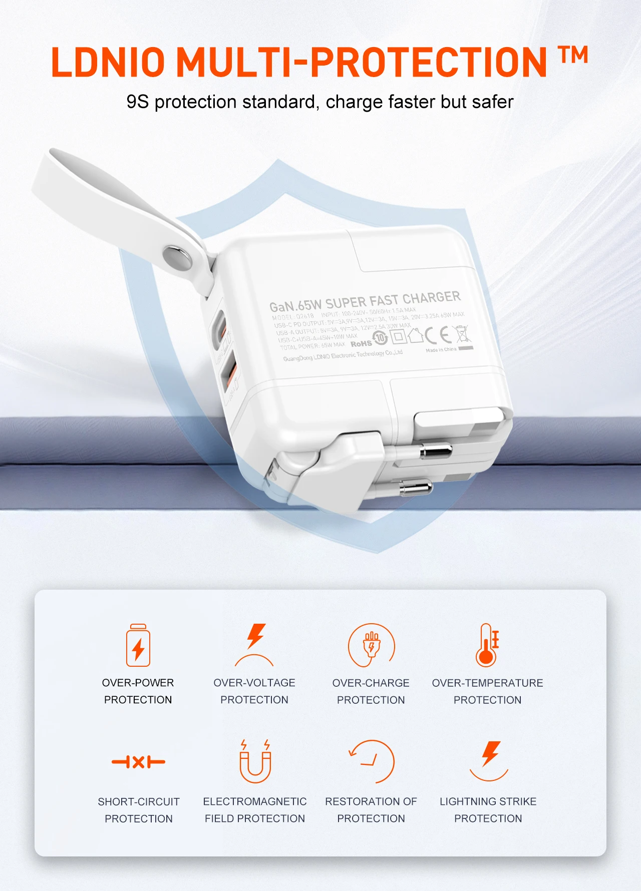 LDNIO GaN 65W international Travel Charger Universal Travel Adapter With1 QC3.0 USB A PD Type C Power Adapter for US EU UK AUS