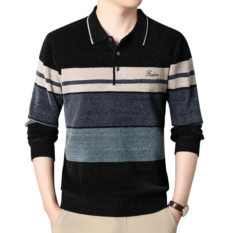 Men's Lapel Sweater Fashion Striped Knitted Pullovers Autumn Winter Fleece Lined Knitwear Thickened Jumpers New Jersey