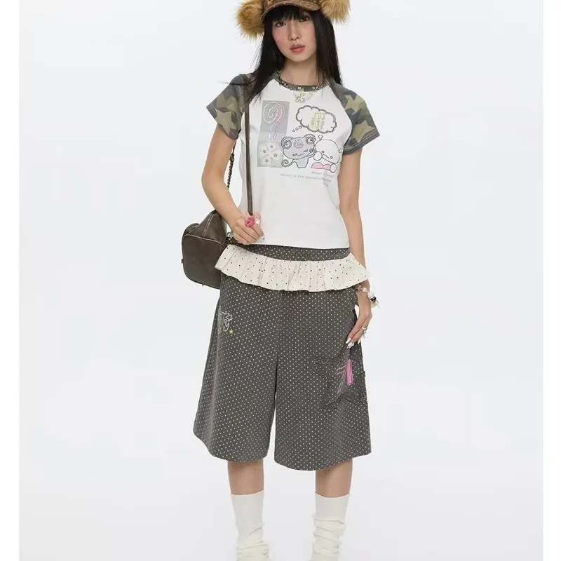 

Japanese Pants Y2k Vintage Goth Punk Woman Clothes Loose Polka Dot Kawaii Harajuku Grunge Ruffles Design Pants Summer Hottie