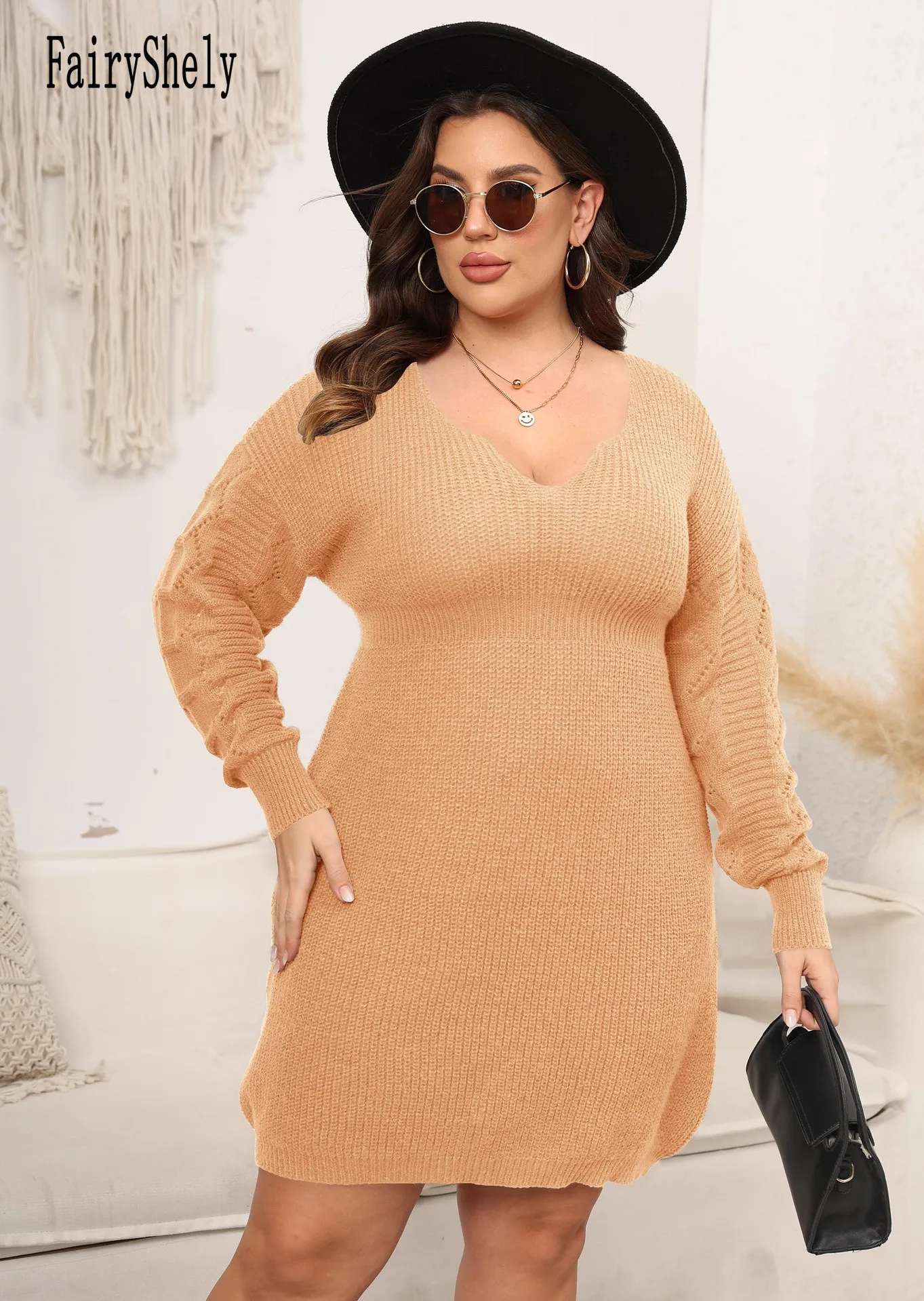 FairyShely 2025 Winter V-Neck Plus Size Sweater Dress Women Long Sleeve Large Big Knitted Dresses Autumn Tight Curvy Warm Dress