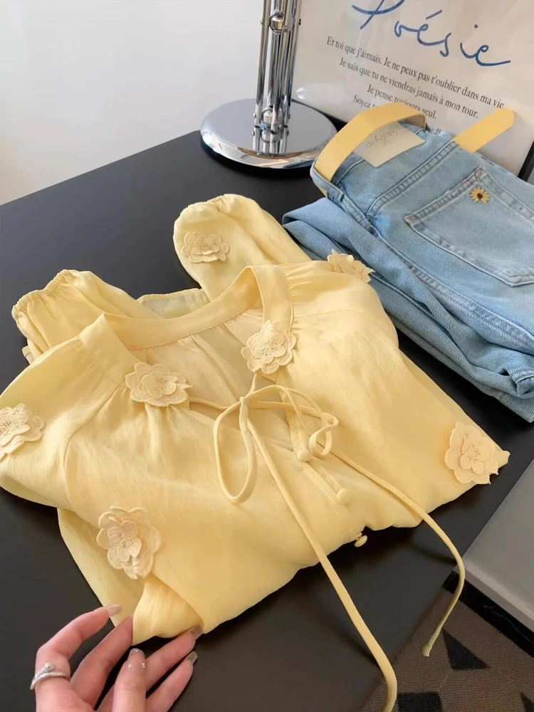 

Elegant Pure Color Long Sleeve V-Neck Loose Women's Shirt Spring Korean Style Commute Fashion Pearlescent Button Detail