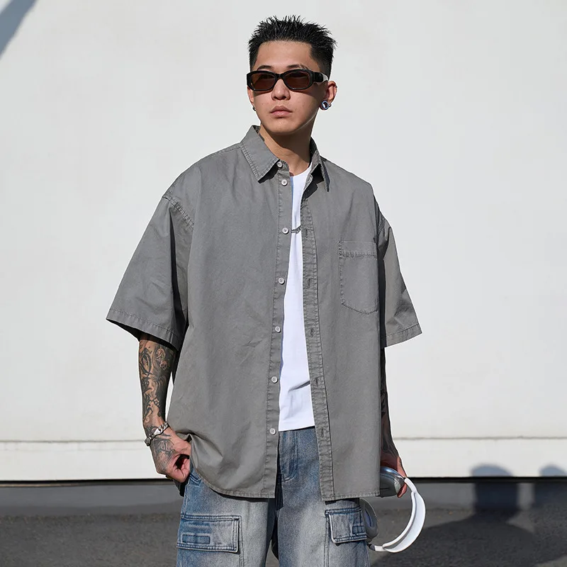 

Heavyweight Short-Sleeved Shirt Men's Summer Solid Color Lapel Pocket Casual Shirt Cotton Loose Shirts