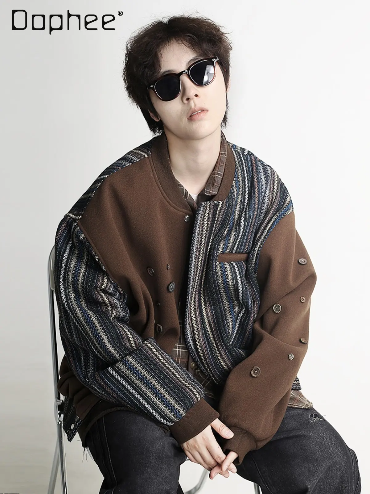 2026 Spring and Autumn American Retro Style Men's Coffee Color Striped Button Decor Loose Casual Baseball Jacket