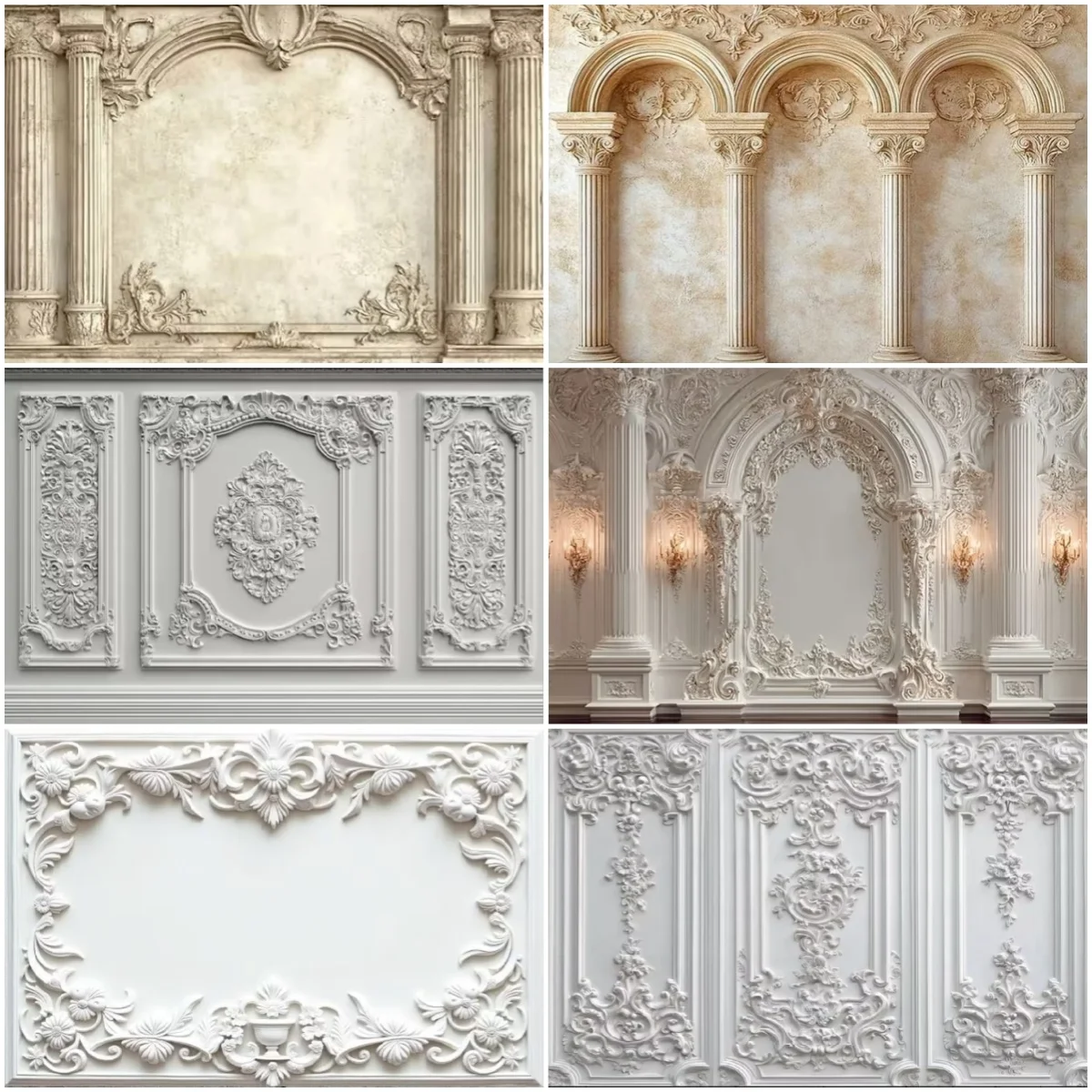 European Vintage White Wall Backdrop Carved Edge Frame Wall Hanging Banner Adult Birthday Wedding Portrait Photo Background Prop
