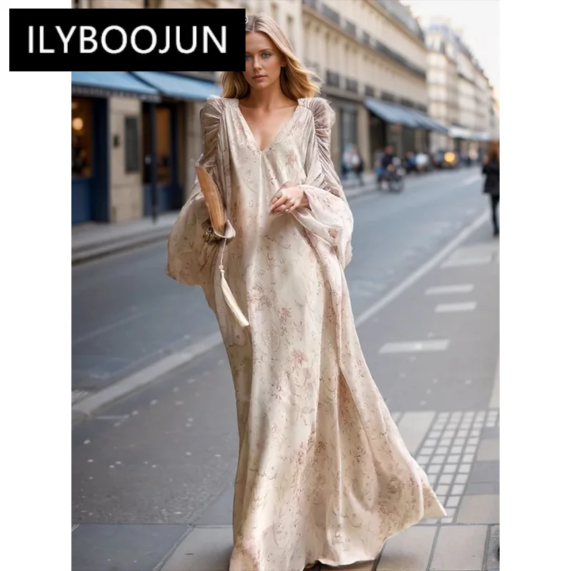 Loose Printing V Neck Batwing Sleeve Minimalist Elegant Dress Dresses For Women 2024 Luxury Brand High Quality