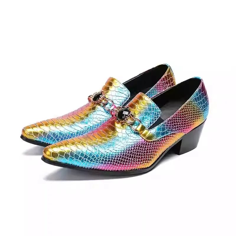 

Luxury Crystal Metal Chain Decor Loafers for Men Mixed Color Snakeskin Pattern Shallow Slip-On Leather Shoes Male Leisure Shoes