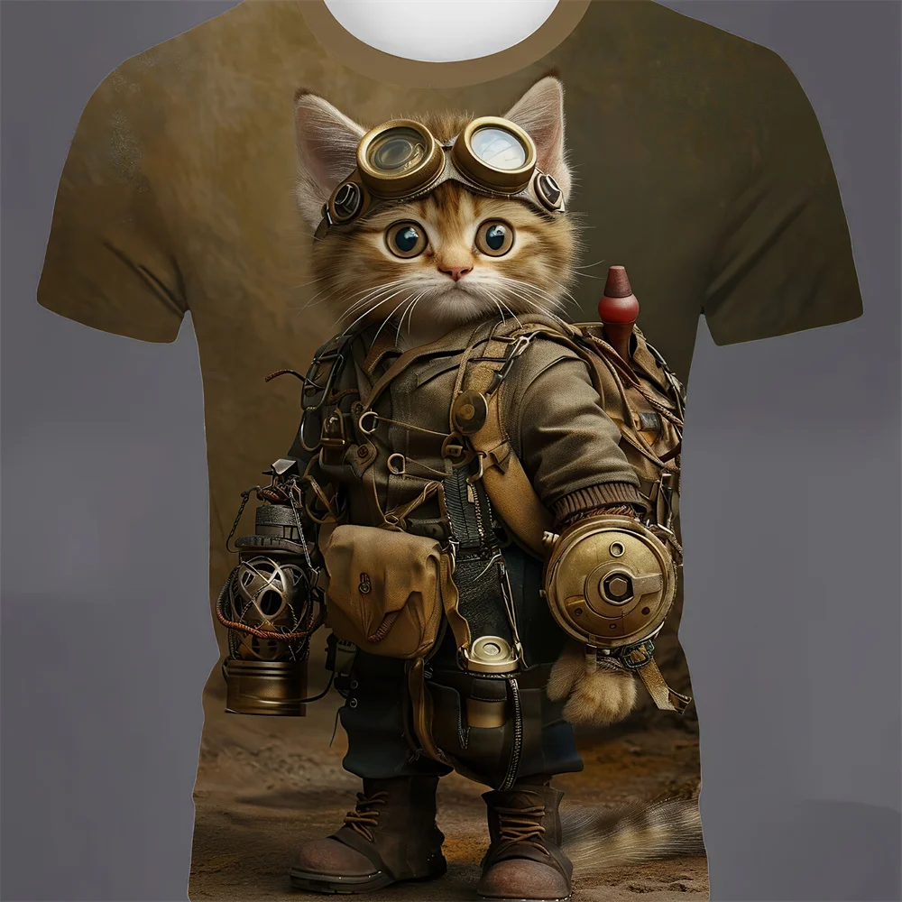 المبهر كول الحيوان المطبوعة تي شيرت رجالي ثلاثية الأبعاد لطيف القط نمط الرجال الملابس الترفيه موضة مضحك طاقم الرقبة قصيرة الأكمام بلايز
