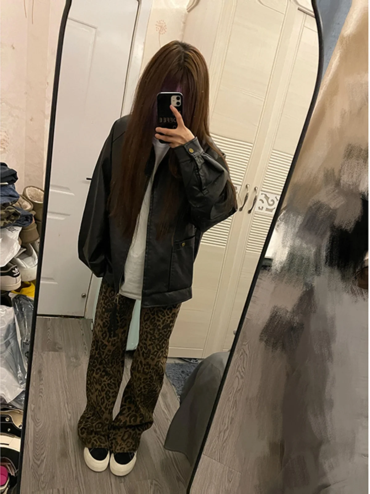 Retro American Sle Men's Denim Jeans Leopard Print Flared Straight Leg Long Pants Youthful Trendy Wear Resistant All Seasons
