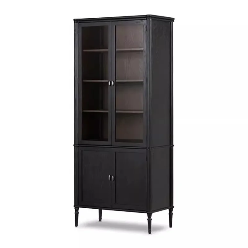 

American light luxury solid wood bookcase Nordic side black arched glass door decorative bookshelf French retro wine cabinet