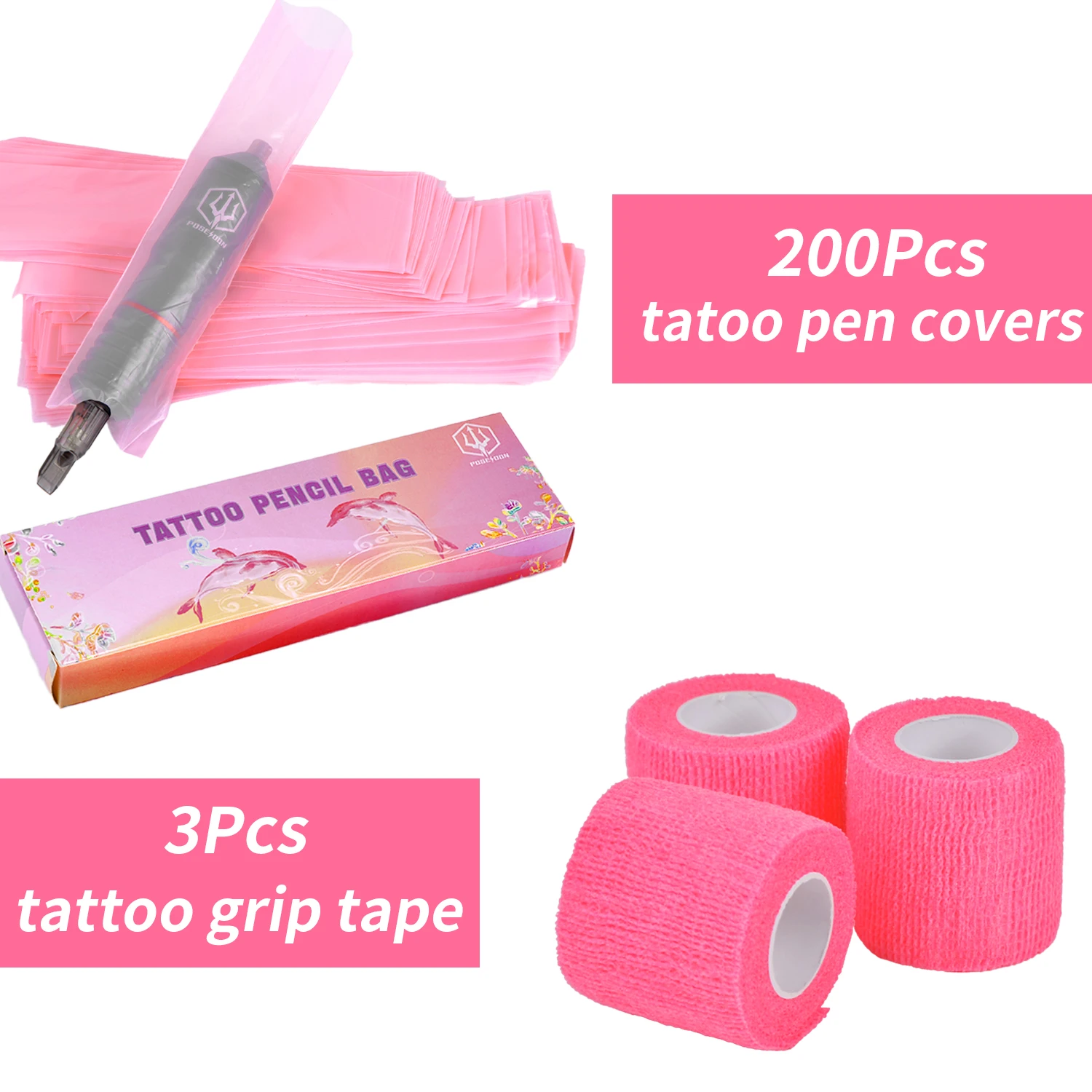 POSEIDON Tattoo Pencil Sleeve Bag Covers 200Pcs and 3Pcs Pink Bandage Practice Taattoo Sets Microblading Supplie for Artists