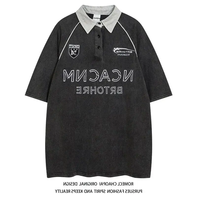 

Хлопковая футболка свободного кроя с принтом букв и отложным воротником, летняя повседневная одежда, топы для пар