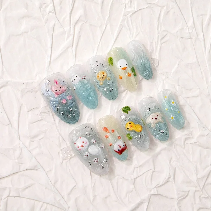 24PCS Cute Cartoon Cat Almond Press on Nails Sweet Flowers Blue Gradient French Fake Nails for Women Girls Wearable Manicure Tip