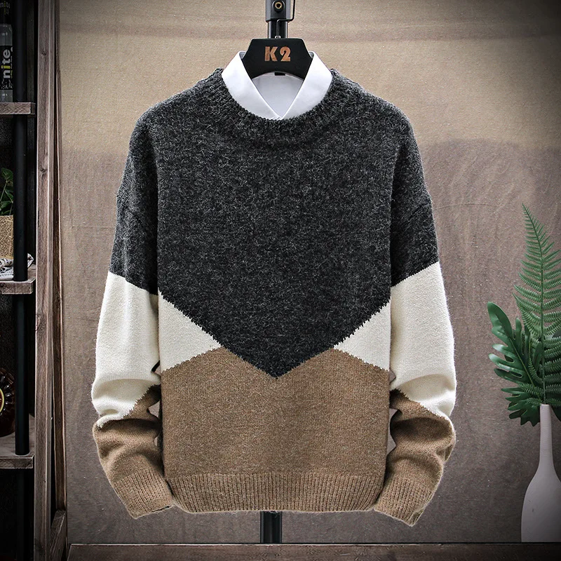 2023 Winter Men Knitted Sweater Korean Trendy Round Collar Spliced Color Underlay Sweater Plush Warm Male Pullover Sweater