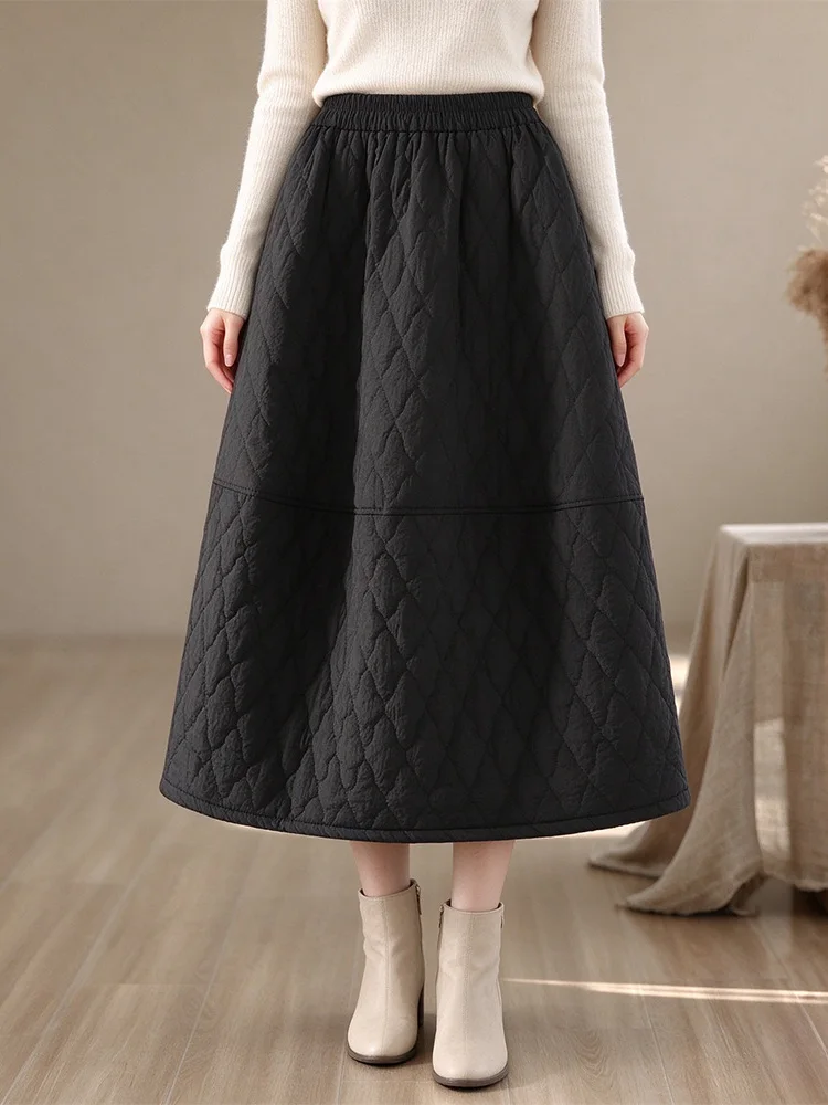 Thickened Embroidered Cotton Half Skirt with Elastic Waist Diamond Pattern Warm Commute Style Women's A-Line Skirt