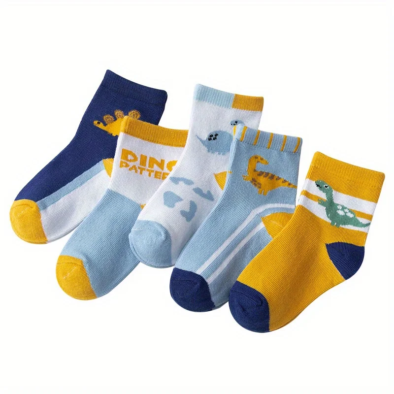 5 Pairs Children Dinosaur Pattern Socks Boys Cotton Mid‑Calf Sock Cute Cartoon Soft Breathable Kid Socks