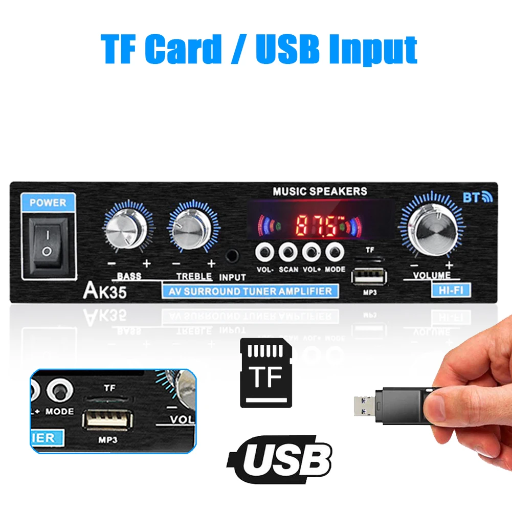 

AK35 Bluetooth HiFi стереофонический усилитель мощности звука с USB, TF, RCA, AUX входами + пульт дистанционного управления
