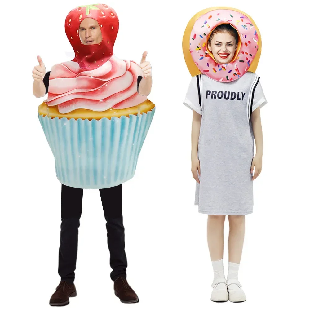 

Adult Funny Donut Strawberry Cake Role Play Costume Men Halloween Food Dress Up Couple Costume Carnival Purim Dance Props Set