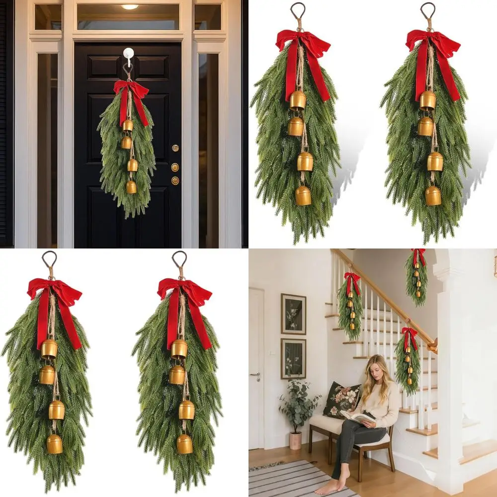 

28, рождественский венок-капля с бархатной лентой и колокольчиками, дверной венок из искусственной сосны и зеленый венок для праздничного декора