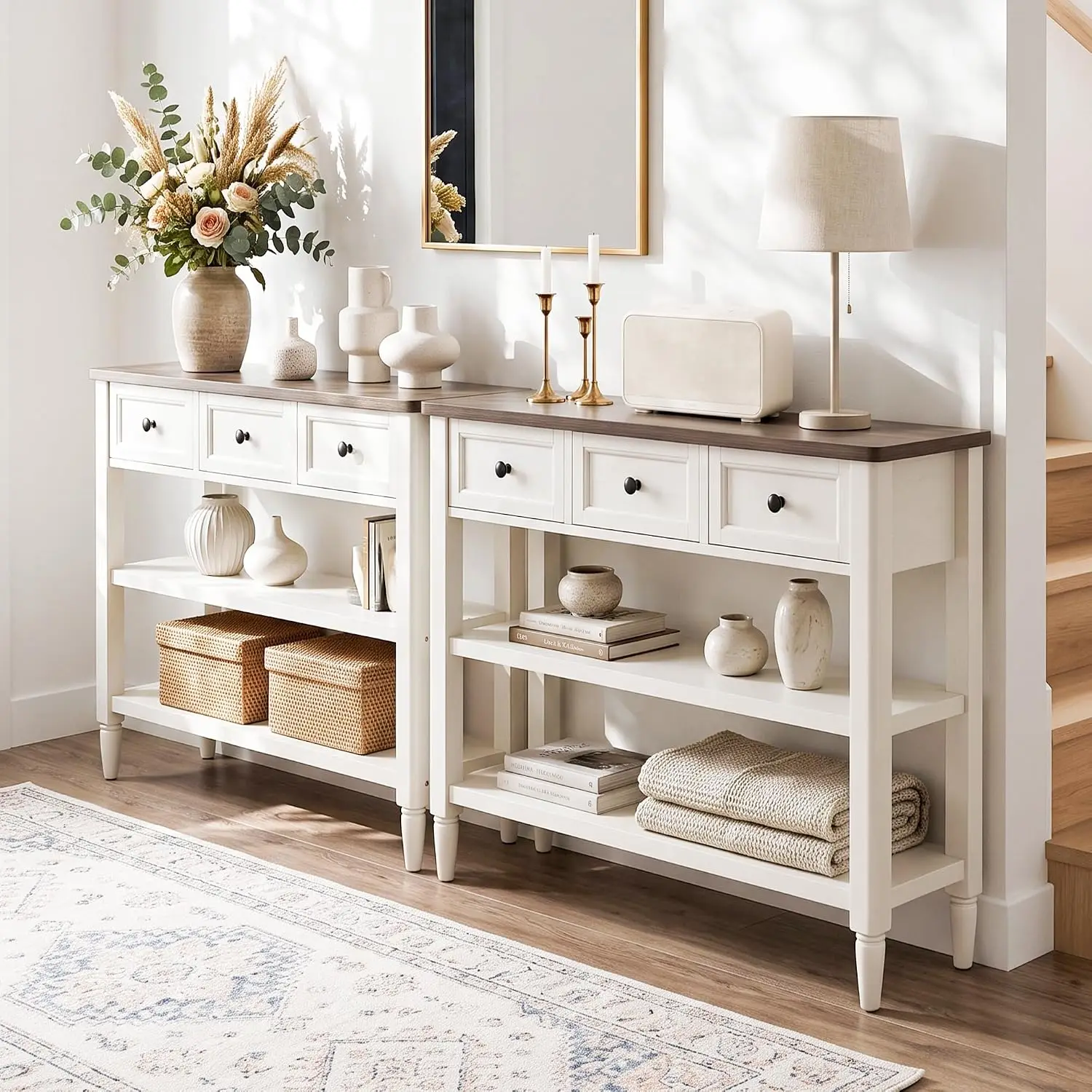 86-Inch Entryway Table with Storage Set of 2 Rustic White, Customized
