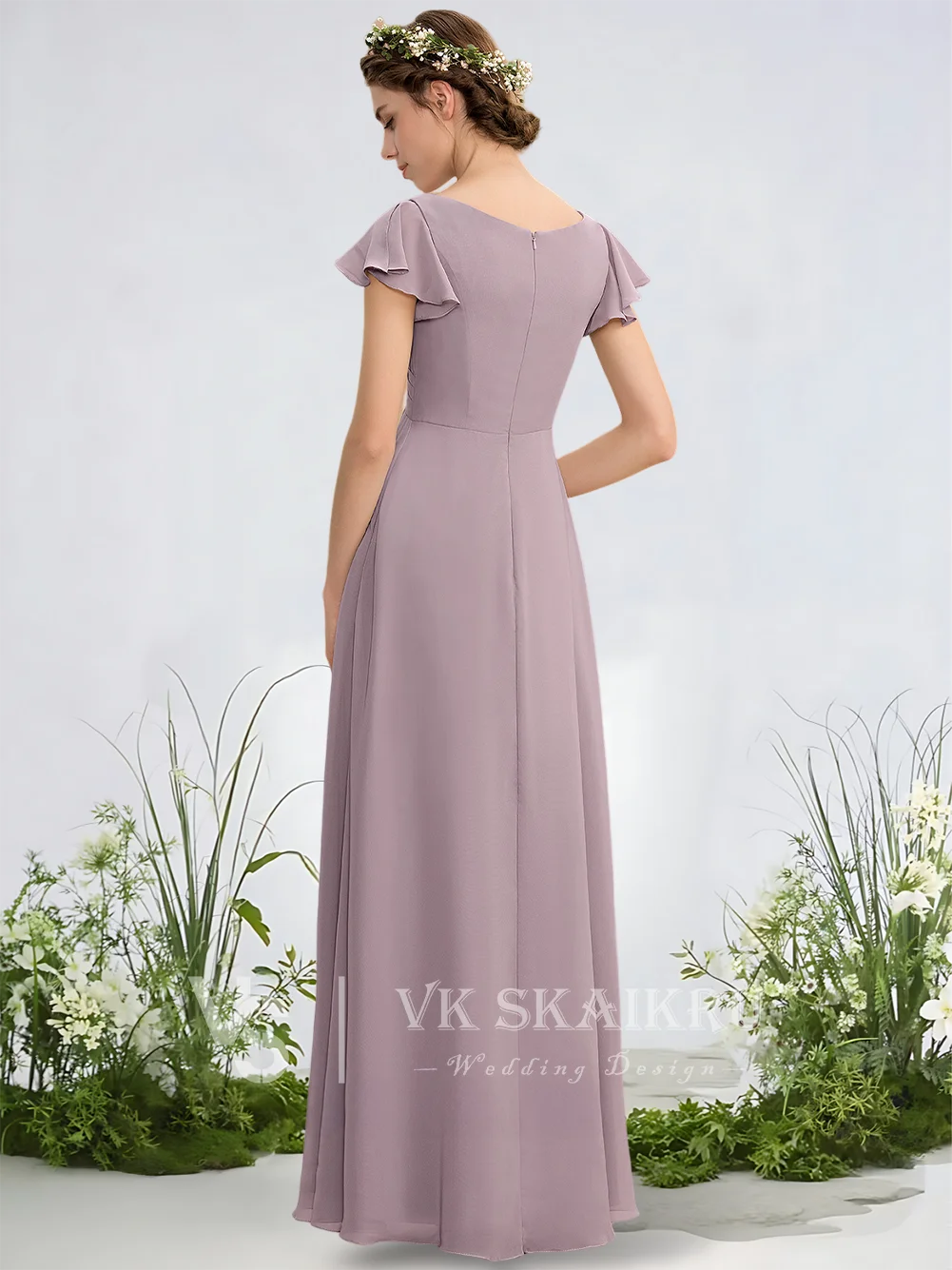 

C Women A-Line Bridesmaid Dresses Frosted Lilac V-Neck Floor-Length Chiffon Garden Gala Wedding Party Gown Cascading Ruffles