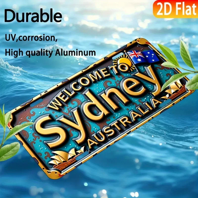 مسطح ثنائي الأبعاد، قطعة واحدة من لافتة الترخيص الأسترالية العتيقة - مرحبًا بكم في سيدني وأستراليا مع الشمس والمراكب الشراعية والنجمة #4