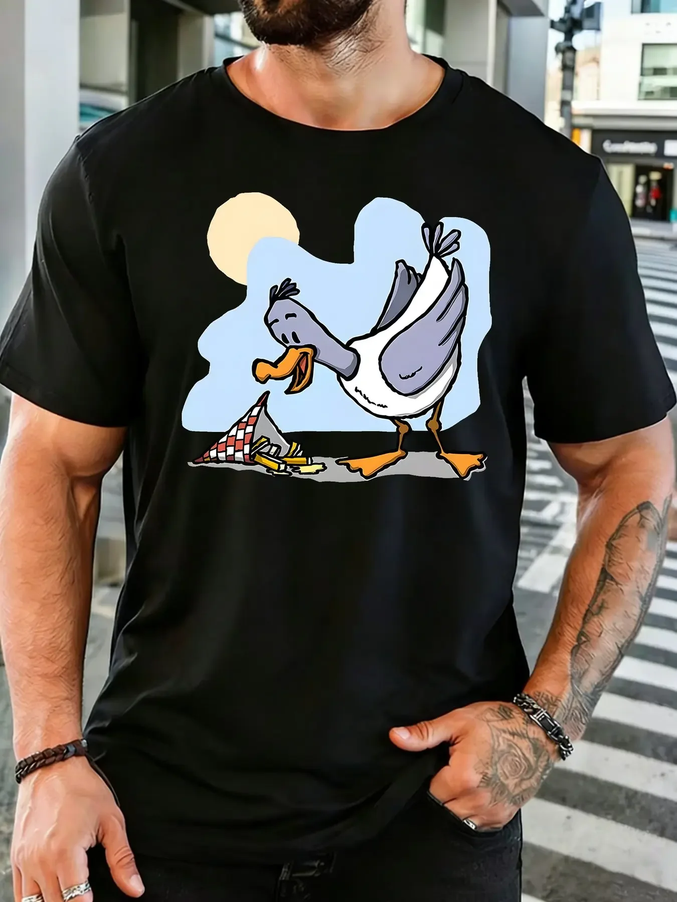 New Mens Cotton Tee Funny Seagull French Fries Cartoon Print O Neck Short Sleeve Loose Casual Summer Top for Animal Fans Men