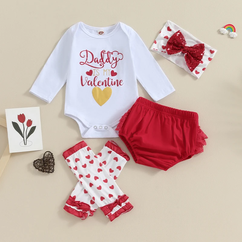 

Baby Girl Valentines Day Outfit Long Sleeve Newborn Romper Infant Shorts With Leg Warmers Headband Set 5Pcs