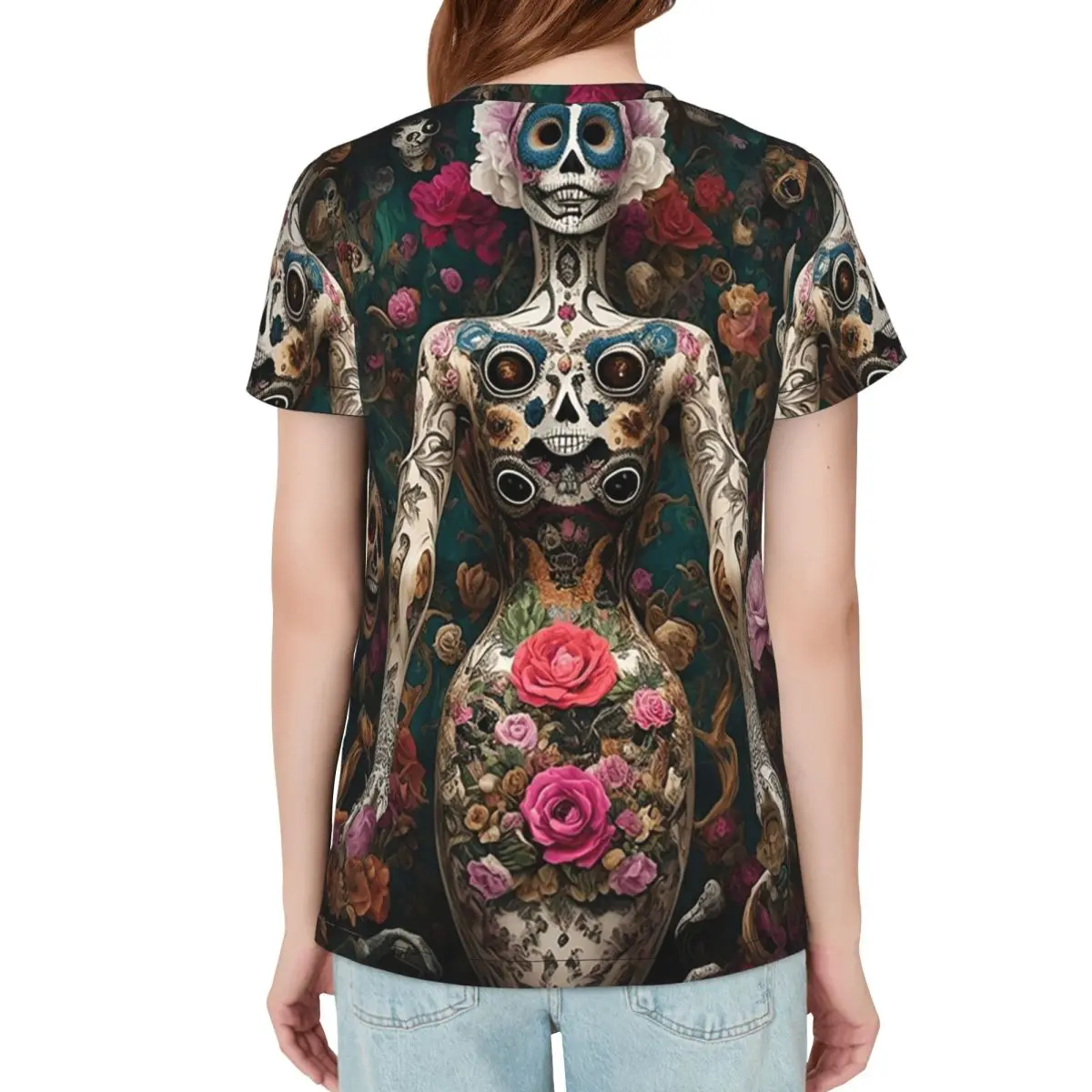 Mexican Catrina Girl Day Of The Dead Sugar Skull T-Shirt Women Short Sleeve T Shirts O-Neck Streetwear Cotton Summer Tees