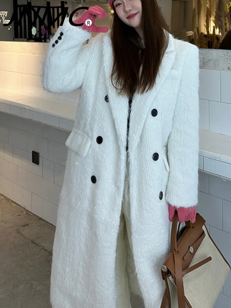 

JNMC Pure White Double-breasted Slim Straight Tube Long Warm Coat 2024 New Senior Feeling Woolen Trench Coat Women