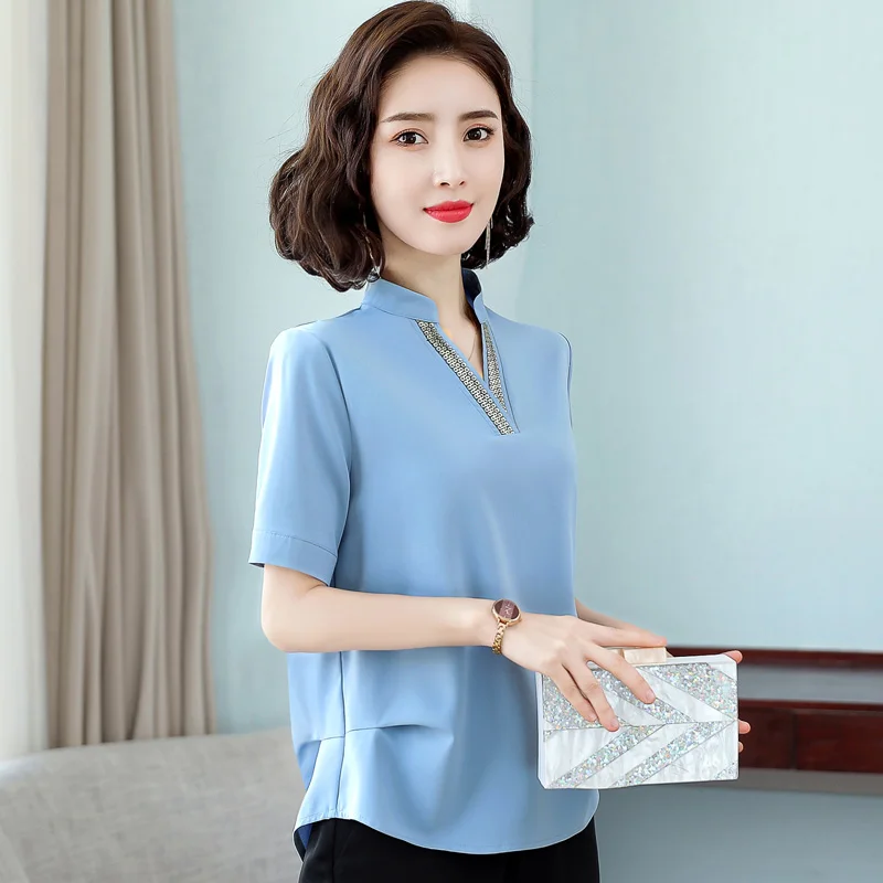 New Women'S Summer Simple Versatile Style V-Neck Chiffon Shirt Mom Fashion Commuter Short Sleeve Casual Loose Belly Cover Top