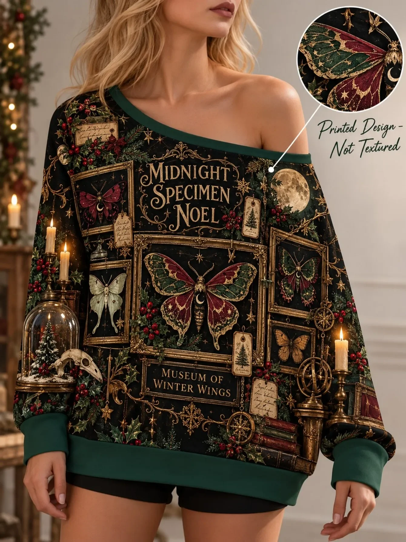 Women Solstice Magic Off Shoulder Sweatshirt, Sun Moon Galaxy Crystal Snowflake Winter Mountain Forest Graphic Long Sleeve Top