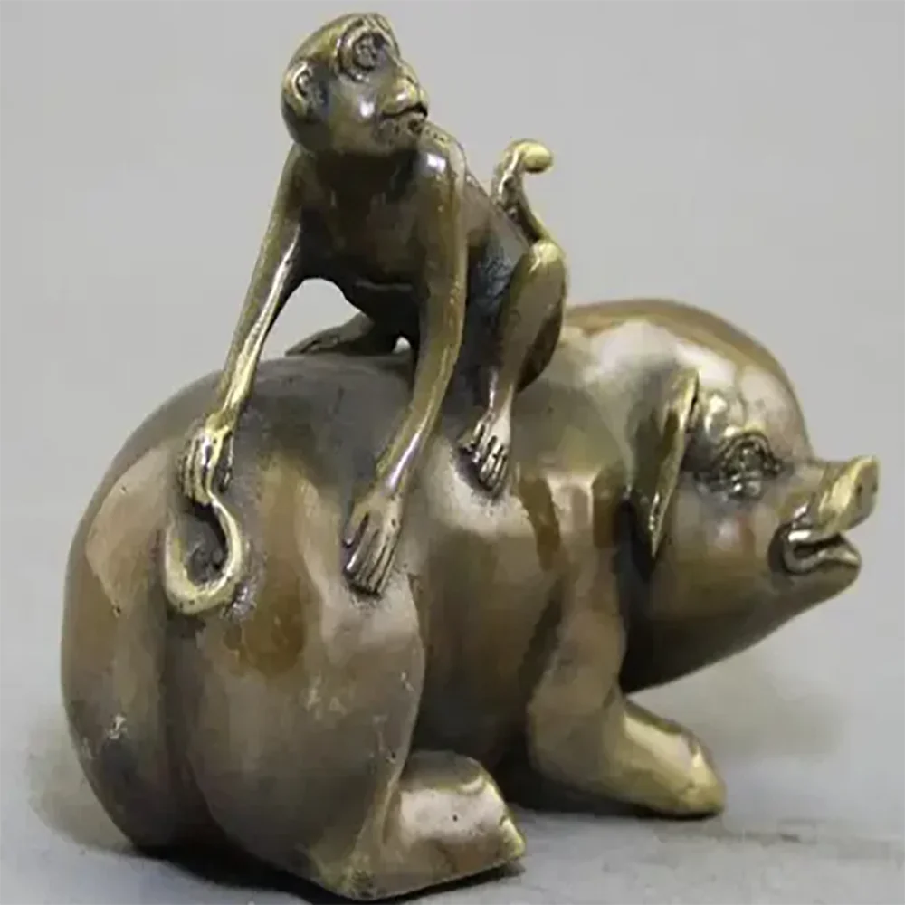 

Rare vintage old copper sculpture ornament ornament free shipping Qianlong pig monkey