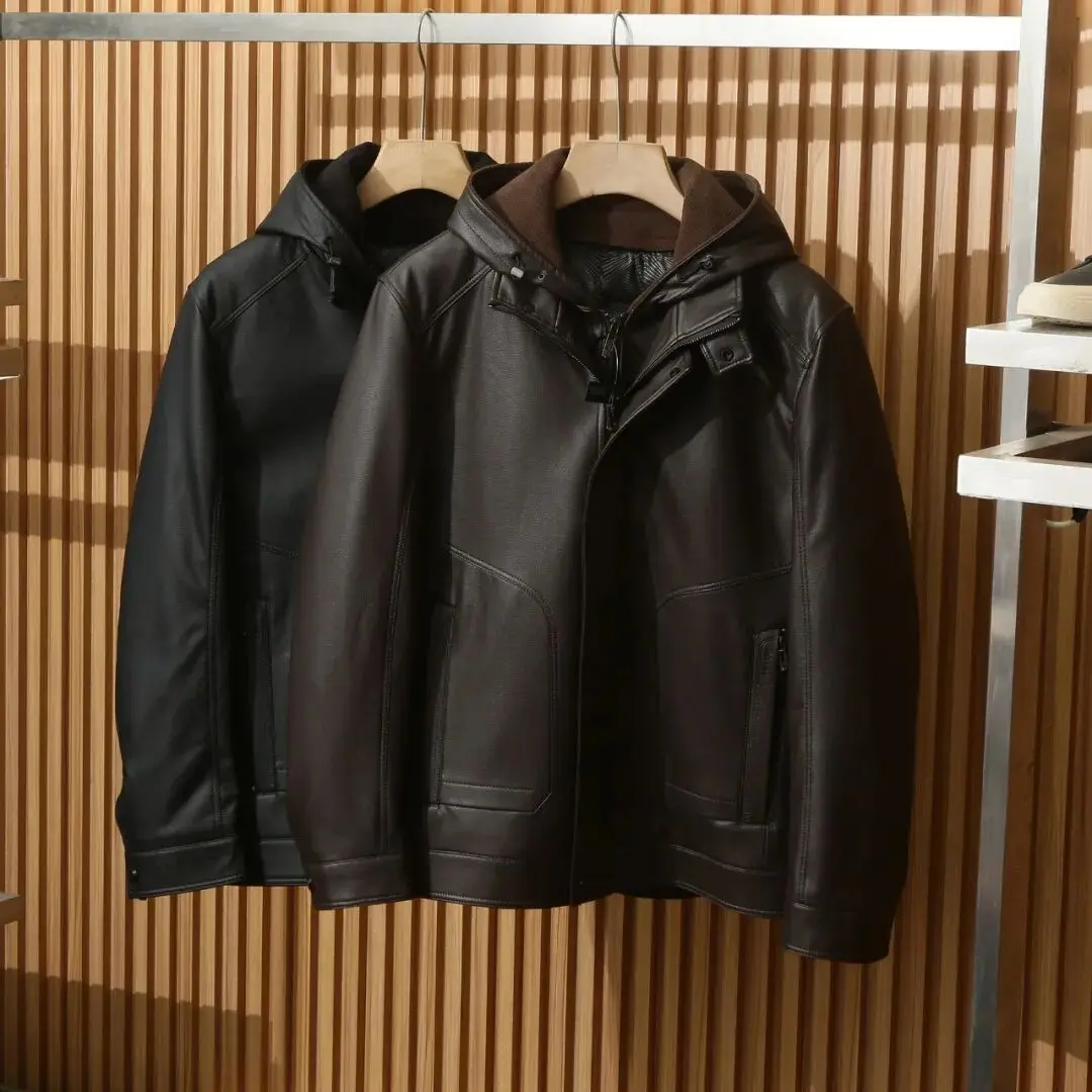 

Men's Winter High-End Detachable Hooded Leather Jaet down Coat Zipper Closure Warm Thiened Regular Fit Outdoor Sle