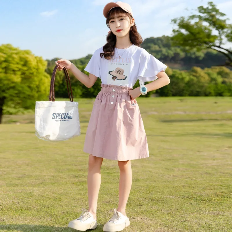 Korean Summer School Girl 2PCS Clothes Set Children Girl Flounce Sleeve Tops+Elastic Waist Skirt Sets Girls From 4-12 Years Old