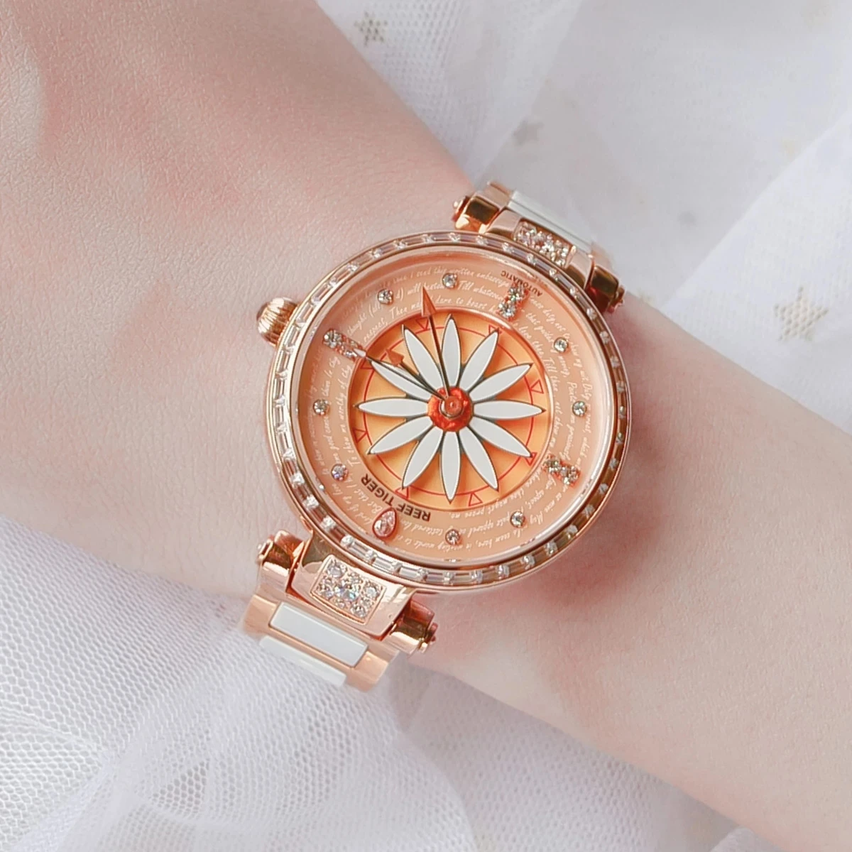 Reef Tiger/RT Luxury Elegant Lily Women Automatic Mechanical Watch Ceramic Strap MIYOTA Movement Sapphire Glass Waterproof Clock