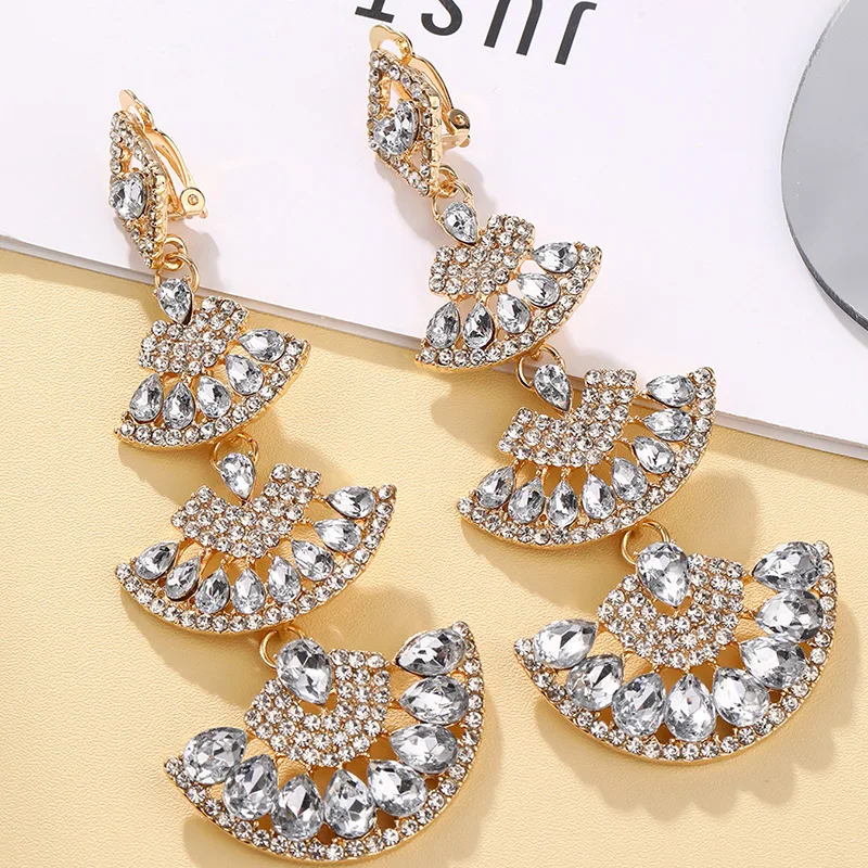 Vintage White Crystal Drop Earrings for Women Oversize Long Sector Geometric Dangle Earrings Statement Jewelry