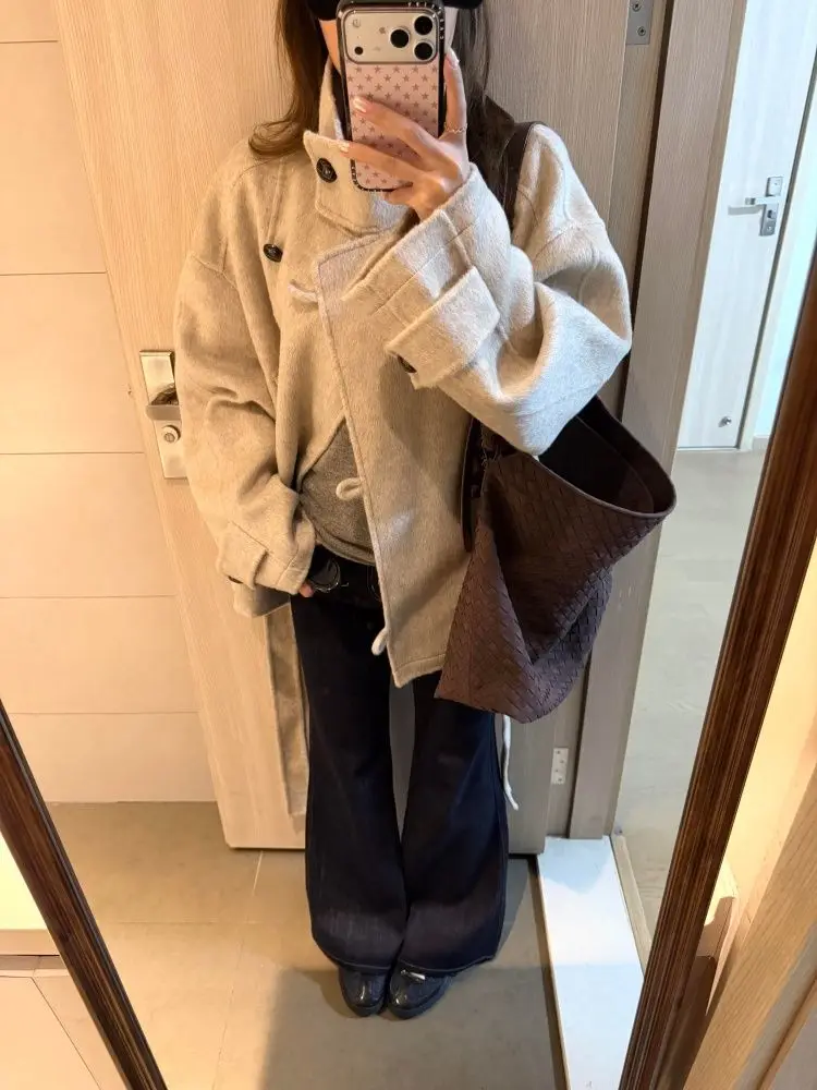 겨울 코란 패션 Y2K 스타일 여성 코트 따뜻한 캐주얼 프렌치 우아한 디자인 울 스탠드업 칼라 트렌치 코트 여성 의류