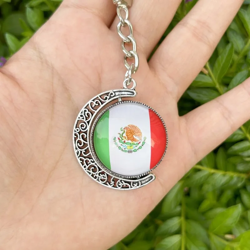 Mexico Flag Metal Keychain Alloy Glass Rotable Llavero Religion Moon Pendant Key Chain