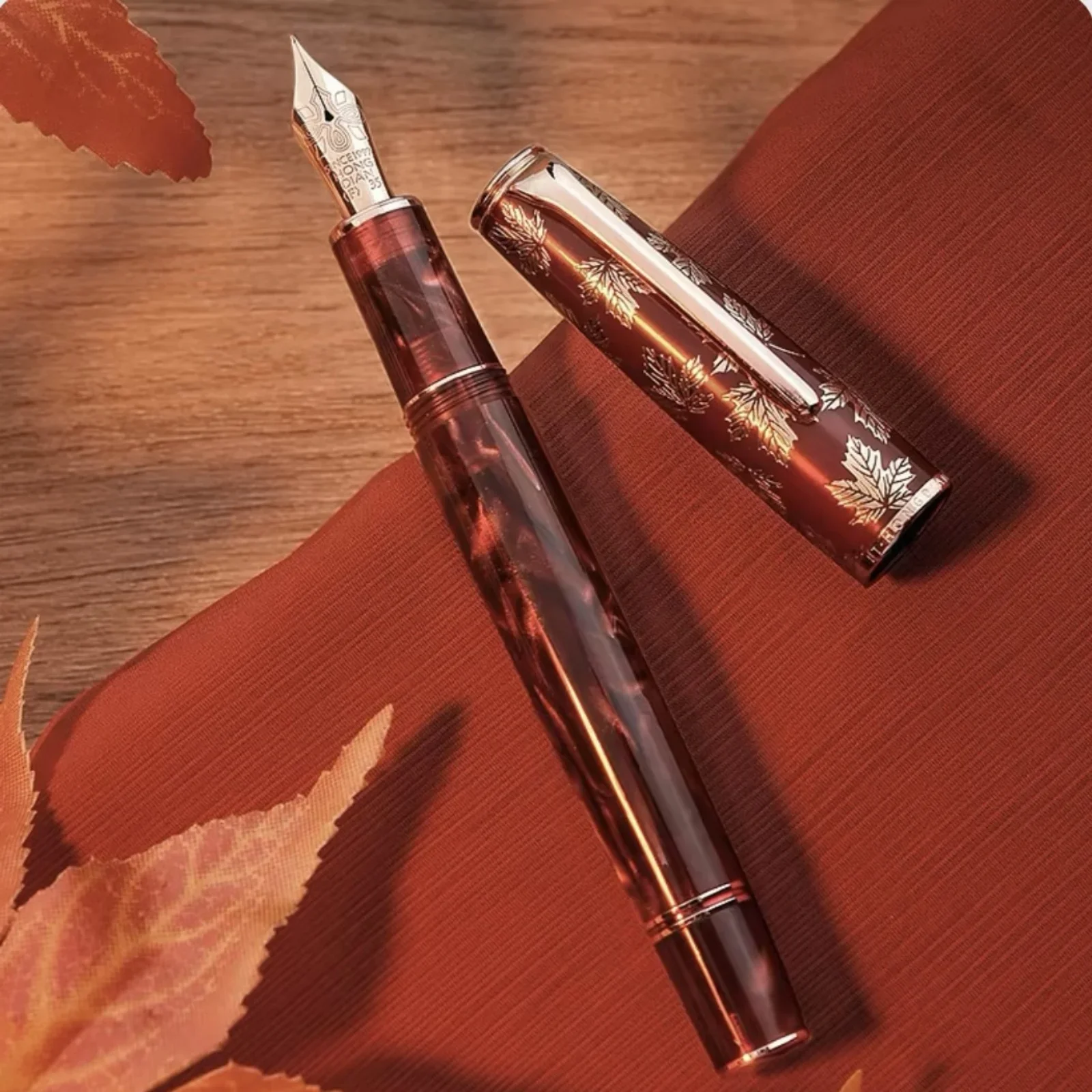 Hongdian N8 Red Acrylic Resin Fountain Pen EF/F/M//Long Knife Nib Maple Leaf Carving Cap, Rose Gold Trim Writing Pen &Converter