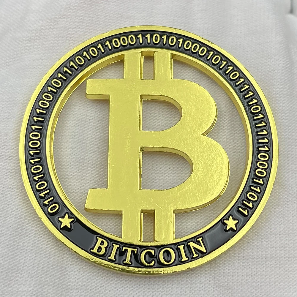 Gold Bitcoin Hollowing Carving Challenge Coin Letter B Virtual Numbers 0 1 Crypto Physical Commemorative Medal in Capsule