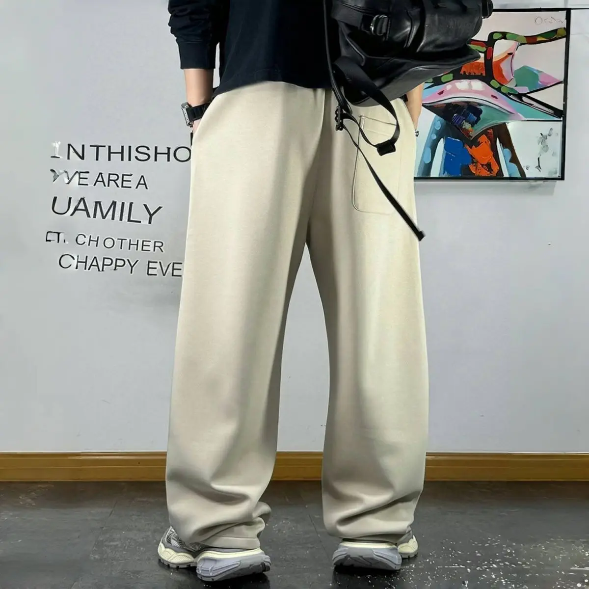 

Мужские свободные брюки на шнурке, прямые широкие штаны, однотонные, с вышитым логотипом, осенне-зимние, молодежные, универсальные спортивные брюки