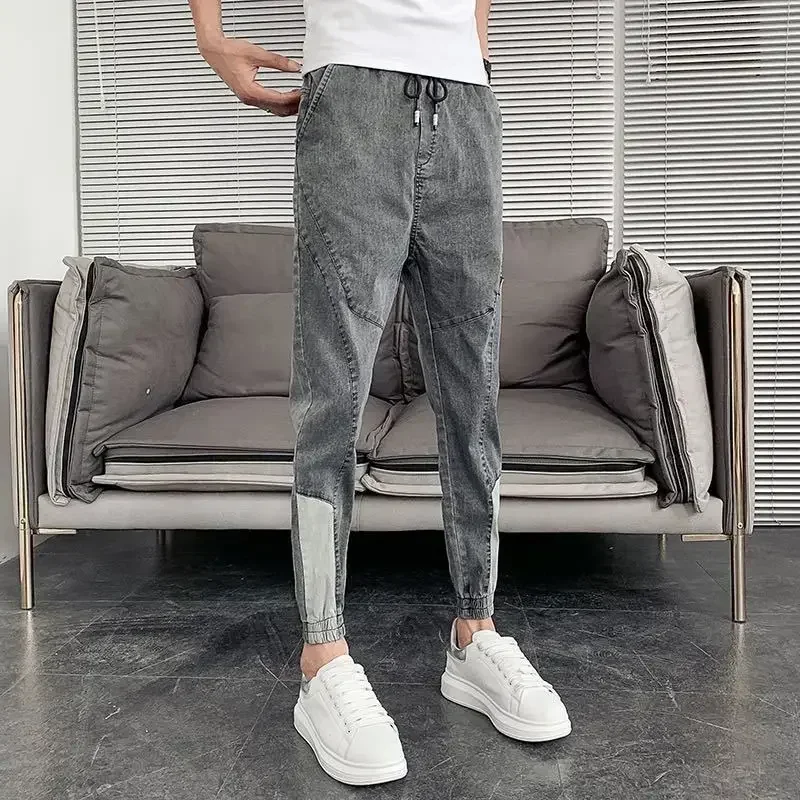 

Male Cowboy Pants Slim Fit Trousers Skinny Spliced Jeans for Men Cargo Tight Pipe Cropped Plus Size Original Harajuku Casual Xs