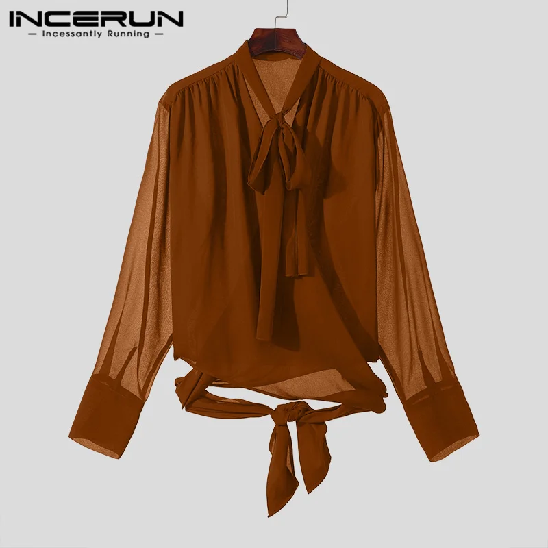 INCERUN Men Shirt Solid Color Transparent V Neck Long Sleeve Lace Up Men Clothing Streetwear 2024 Pleated Fashion Casual Camisas