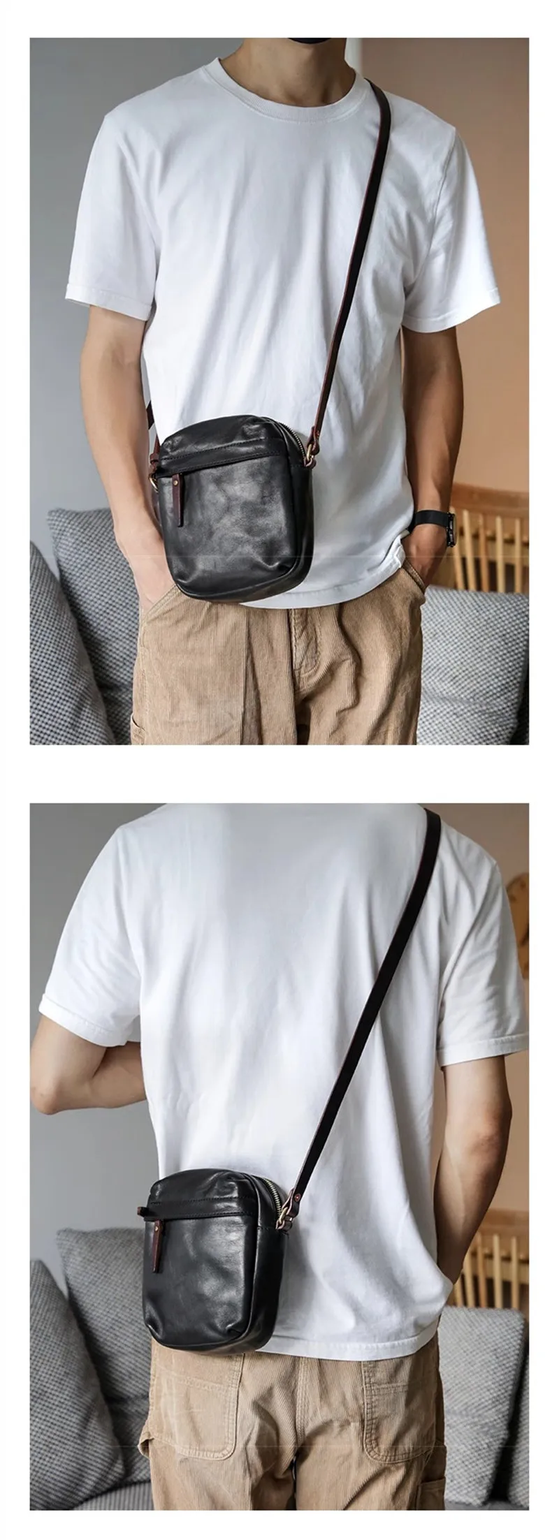 PNDME Einfache Vintage Luxus Echtleder Herren-Umhängetasche Outdoor Wochenend- und Alltagstasche aus natürlichem Rindsleder Handy-Umhängetasche – Detail 3