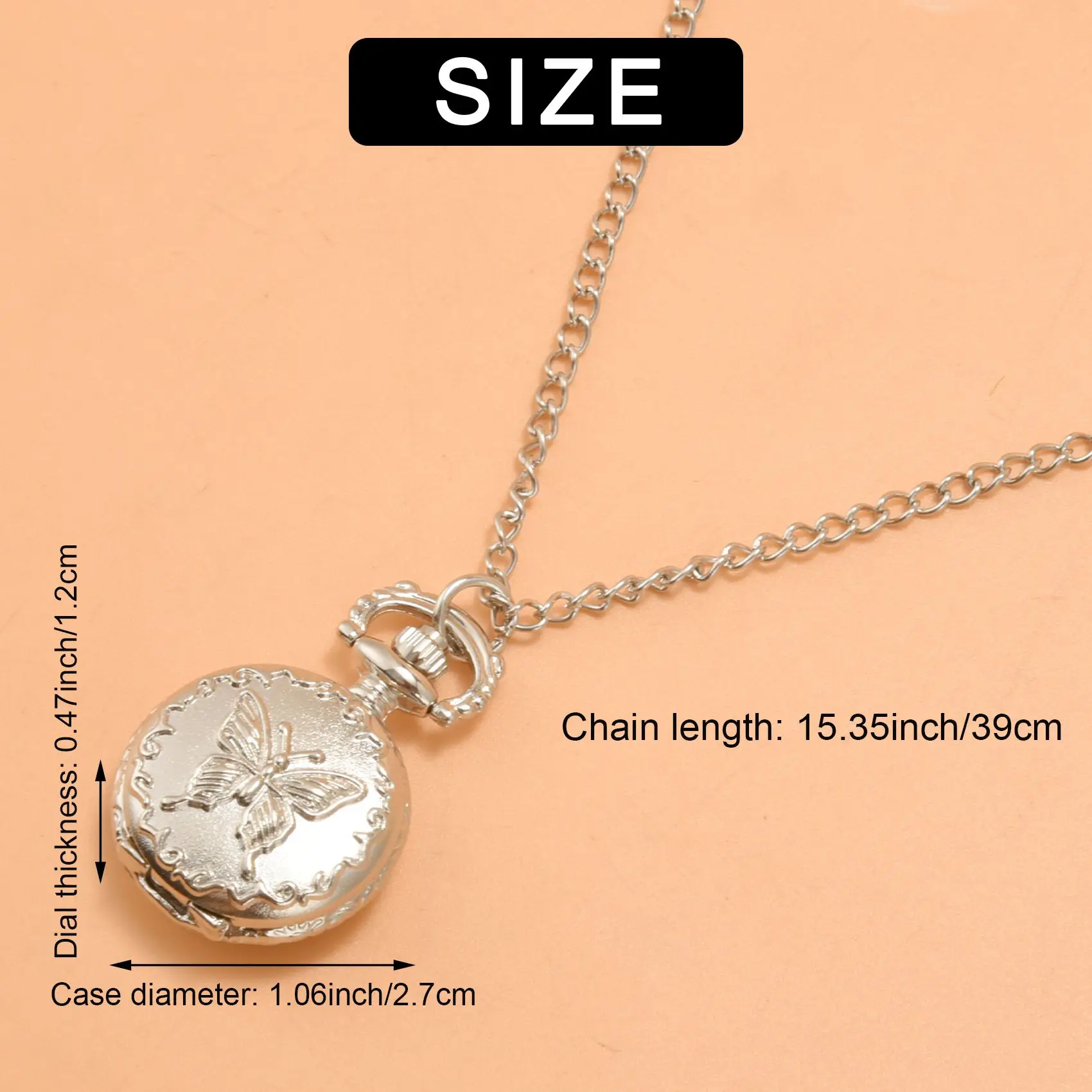 T27C Silver Quartz Butterfly Arabic numerals Pocket Watch with Vintage Necklace